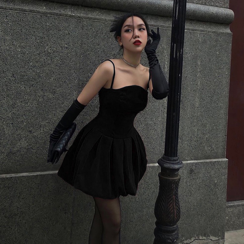 DUNEA Đầm Nhung Dáng Chữ A Họa Tiết Hoa Phối Cánh Thiên Thần Gợi Cảm Cho Nữ