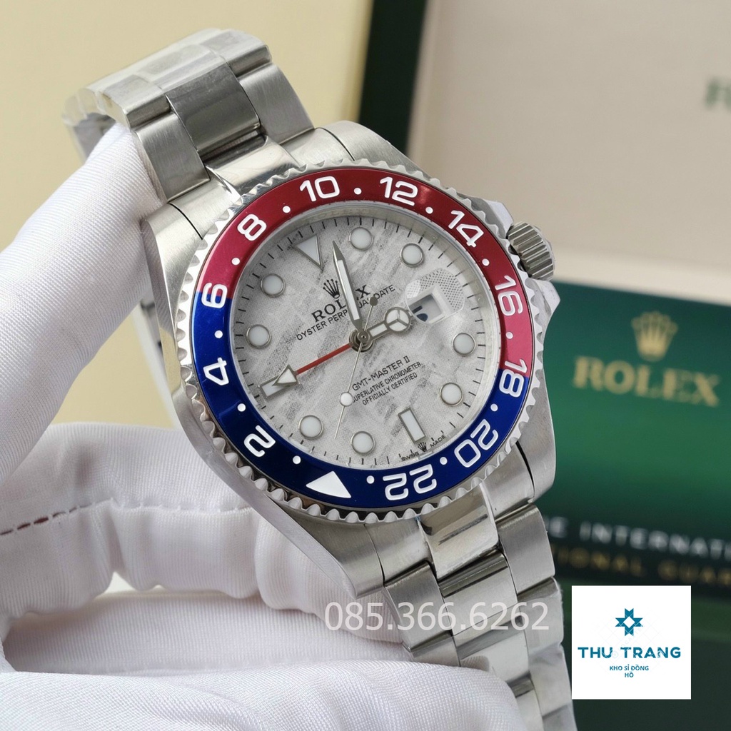 Đồng hồ nam Rolex cơ Automatic mẫu thể thao năng động mặt trắng họa tiết viền xanh đỏ dây thép trắng size 40-41mm