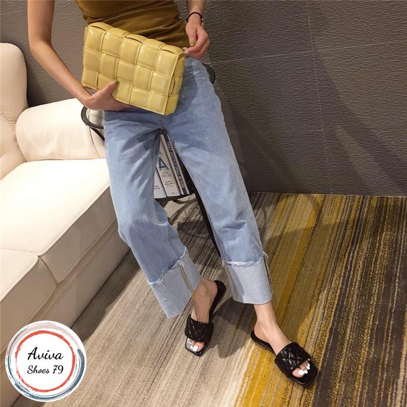 Dép bản caro quai ngang đế bệt chất xịn da mờ xinh xắn