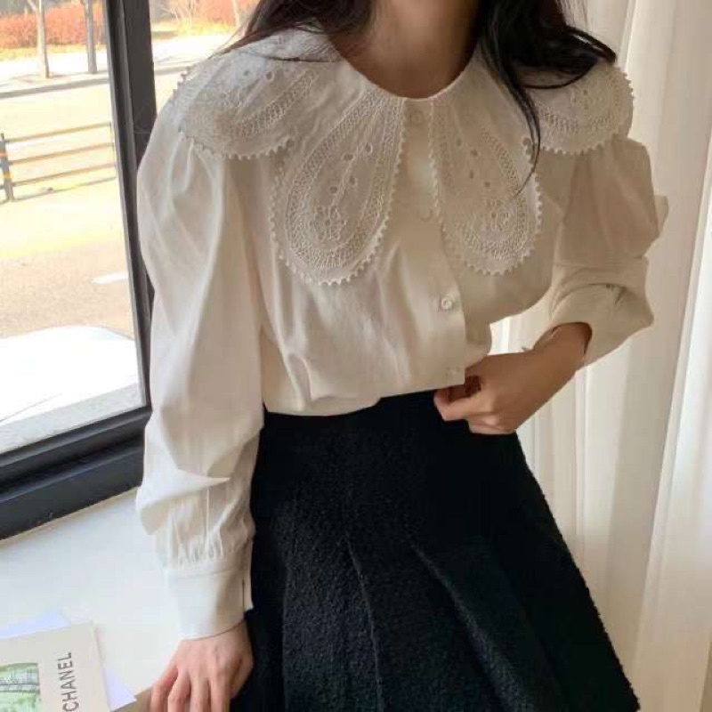 [Hàng mới] Áo sơ mi trắng cổ ren hoa siêu xinh (mã 195)