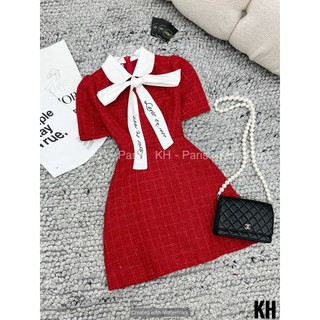 Đầm Dạ Cổ Phối Dây Nơ Trắng - D23084