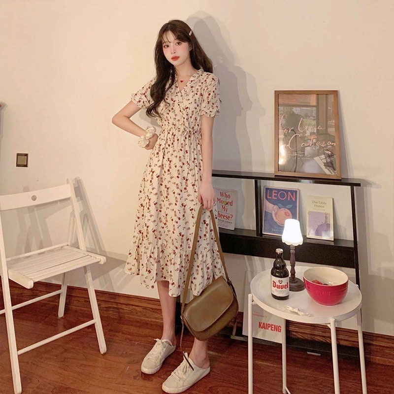 Đầm XINLANYASHE họa tiết hoa ôm eo phong cách Hàn Quốc 2023 dành cho nữ