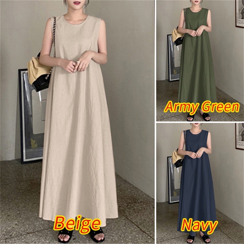 Đầm Dài Cổ Tròn Không Tay Bằng Vải Lanh Cotton Plus Size Dành Cho Nữ