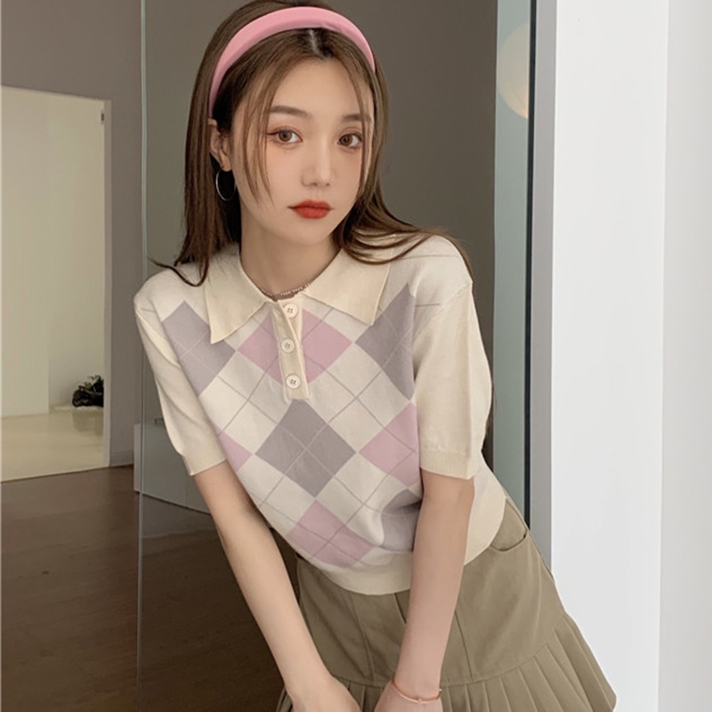 IELGY Áo Dệt Kim Ngắn Tay Họa Tiết Hình Thoi Thời Trang Cho Nữ