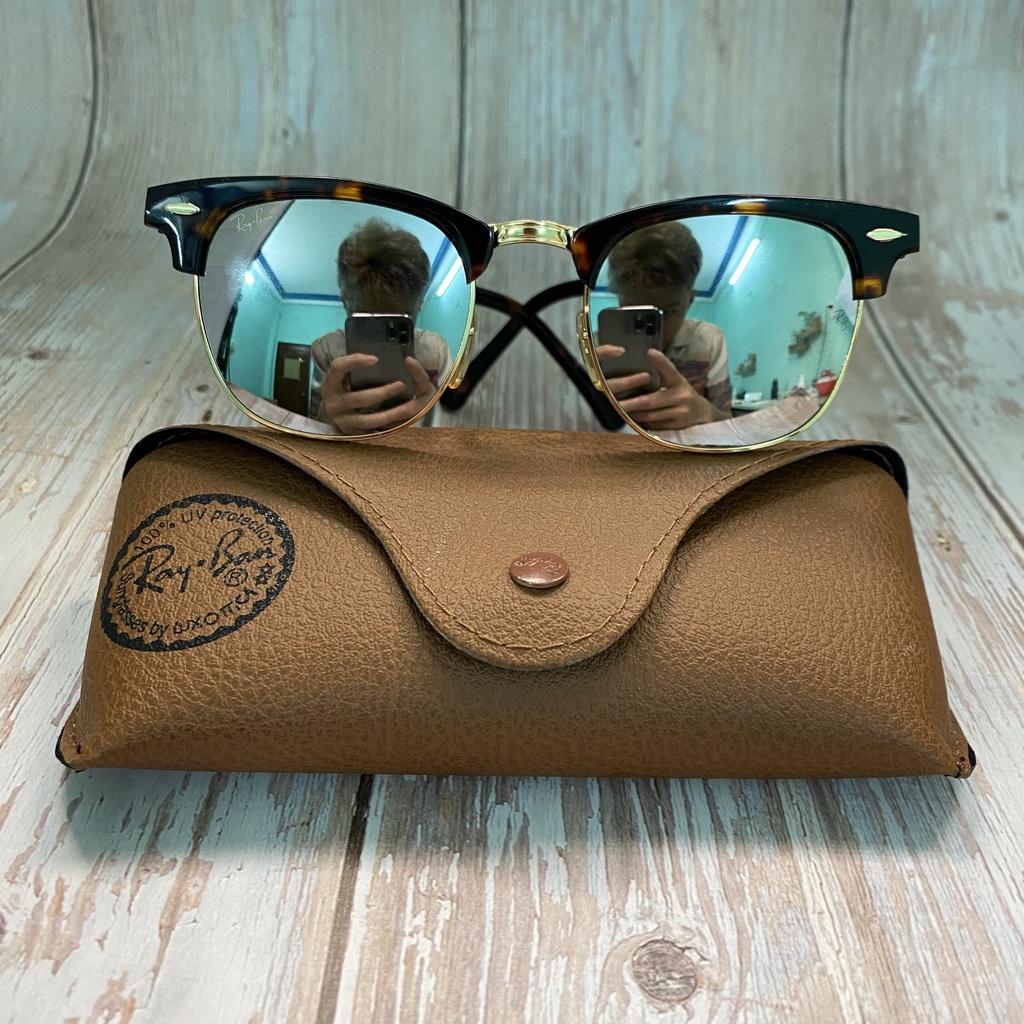 Kính rayban clubmaster của Ý, tráng gương bạc, 2nd, tròng thủy tinh, kính râm đi du lịch. Ảnh thật