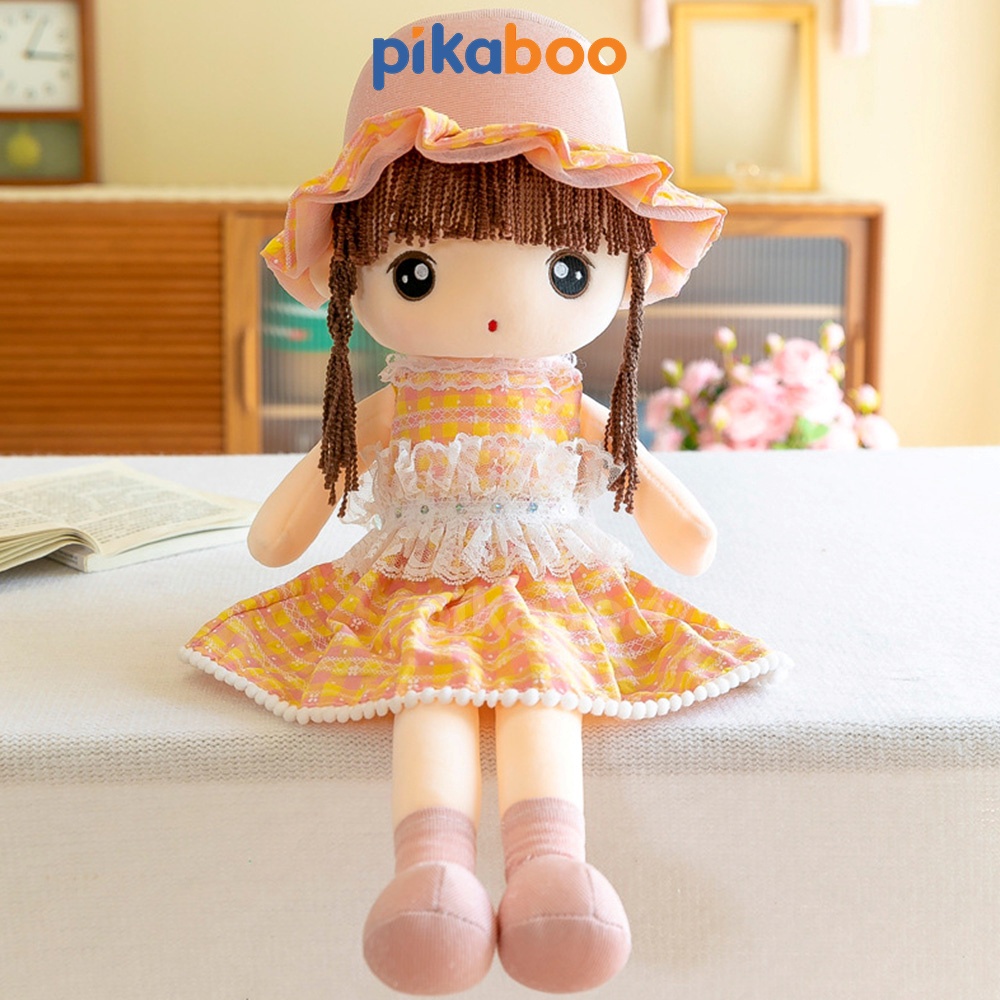 Gấu bông búp bê cao cấp Pikaboo váy kẻ thanh lịch, nhồi bông 3D tinh khiết, vải cotton mềm mịn co dãn