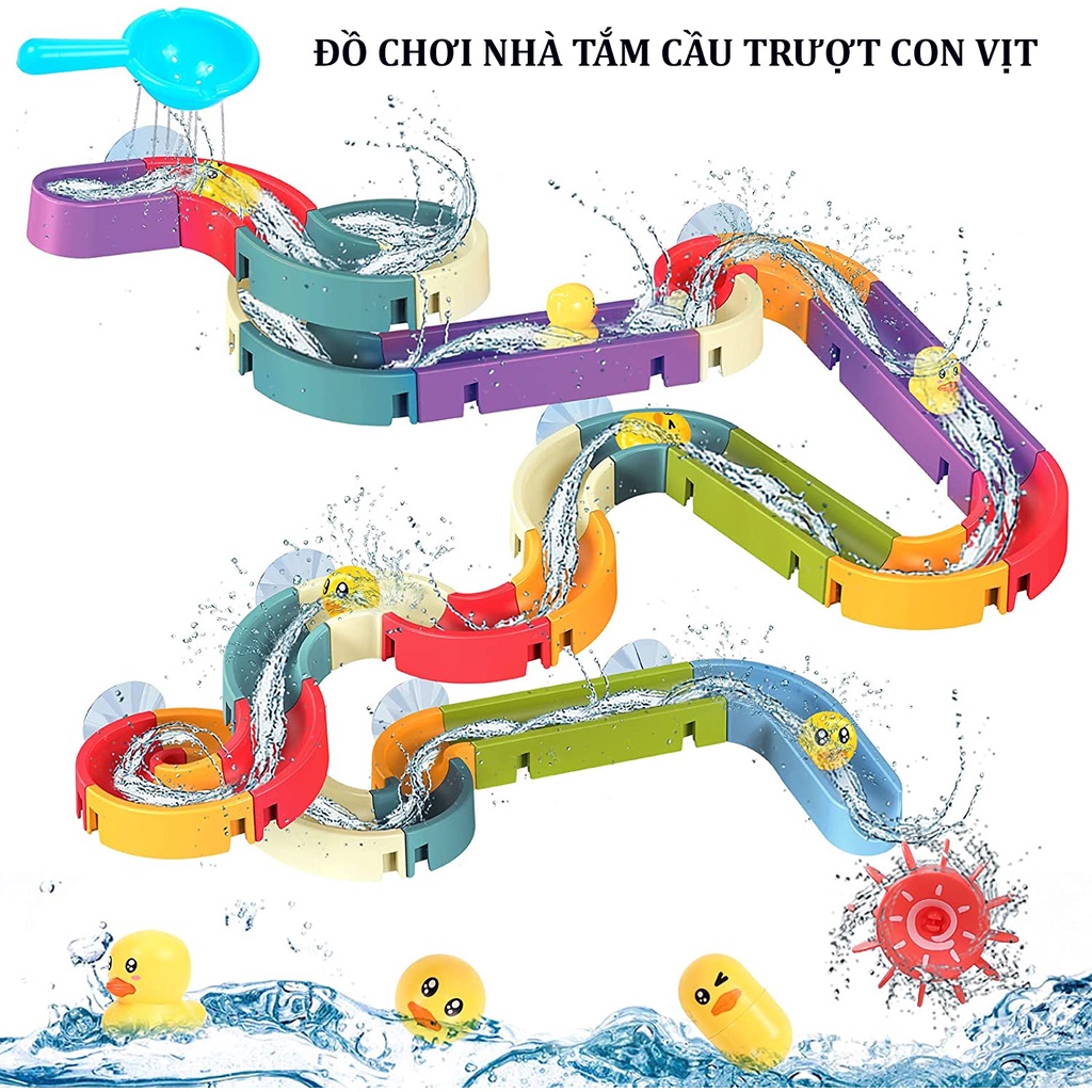 Đồ Chơi Bồn Tắm Cầu Trượt Vịt, Bộ Lắp Ghép Đường Ray Dán Tường Cho Bé 2-5 Tuổi Vui Nhộn (Bộ 34 Miếng)