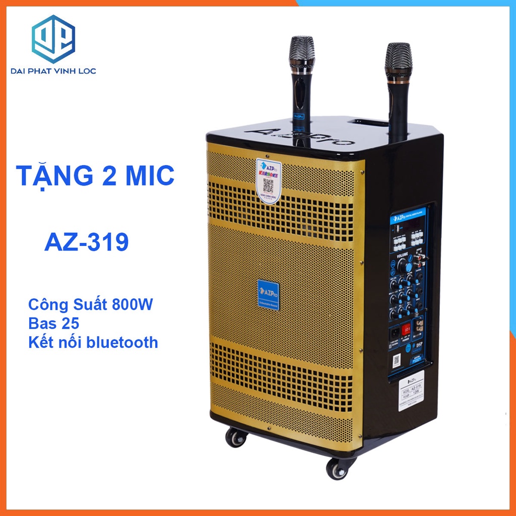 Loa Kéo Karaoke Công Suất Lớn 800W | Loa Kéo Giá Rẻ AZPro AZ-319 Bass 2,5 tấc | Loa Kéo Bluetooth Tặng 2 micro Không Dây