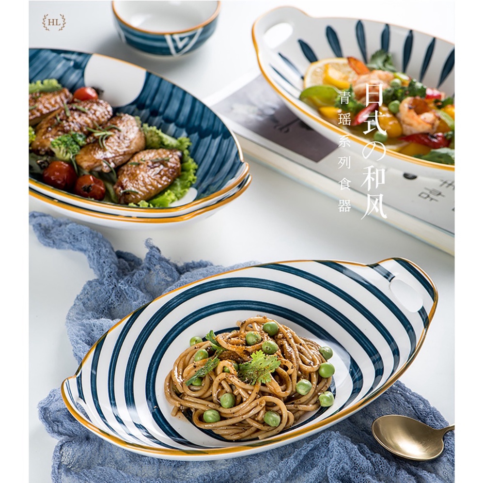 Đĩa sứ Thuyền Japan | Đĩa sứ phong thái Retro hoa văn xây dựng tối giản thiết kế bầu dục sâu để Gà Luộc , đồ gia dụng th
