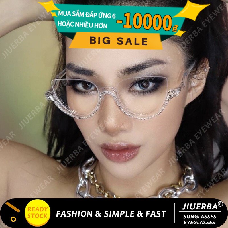 (JIUERBA) Mắt Kính Nửa Gọng Tròn Đính Đá Chống Ánh Sáng Xanh Thời Trang Phương Tây