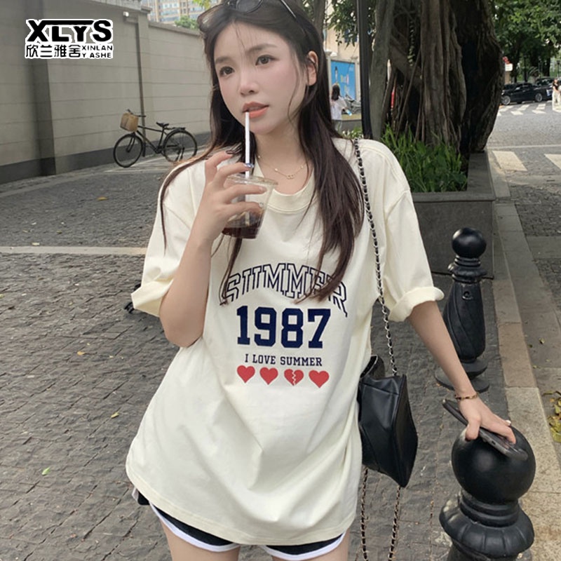 Áo thun nữ XINLANYASHE cổ tròn ngắn tay in chữ thời trang 2023