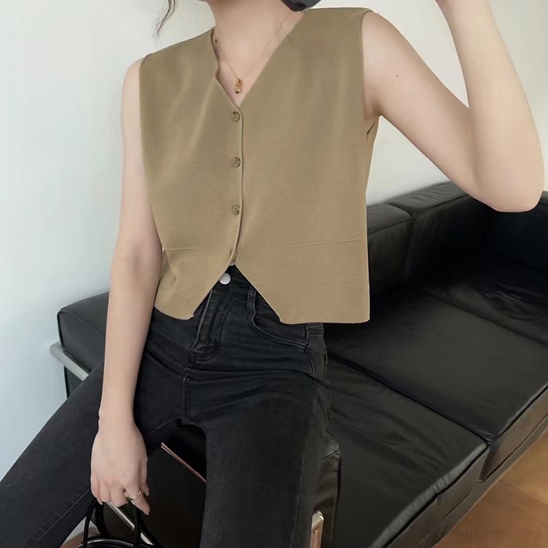 Áo Tank Top Dệt Kim Cổ Chữ V Màu Sắc Thanh Lịch