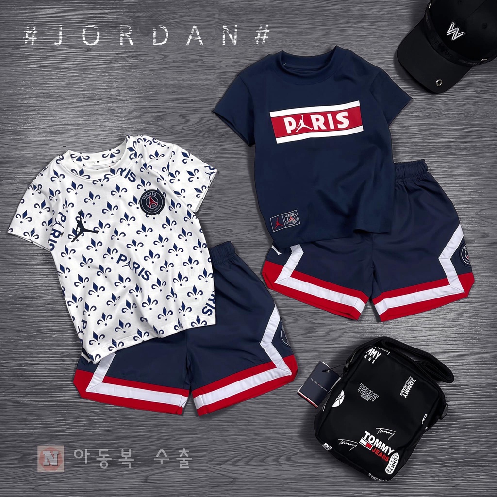 Bộ quần áo cộc tay PSG cho bé trai và bé gái phối màu,họa tiết phong cách sành điệu,chất cotton dày dặn