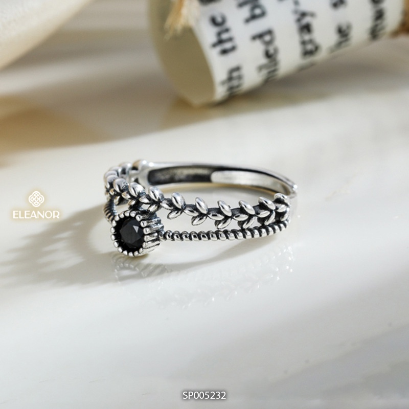 Nhẫn nữ hở bạc 925 Eleanor Accessories hình chiếc lá mặt tròn đính đá đen phụ kiện trang sức dễ thương 5232