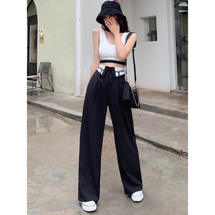 Quần Ống Rộng Culottes Nữ Cạp Bẻ Phối Viền, Quần Ống Suông Cạp Cao Chất Dày Dặn Phong Cách Hàn Quốc