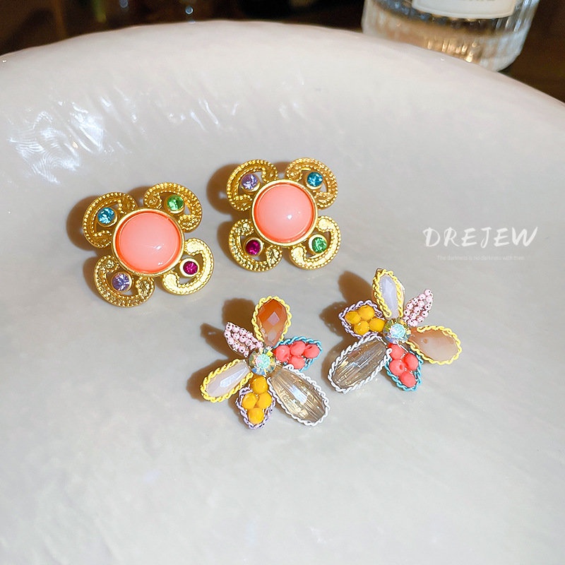 Khuyên tai DREJEW mạ bạc hình hoa đính đá dễ thương phong cách Nhật Hàn