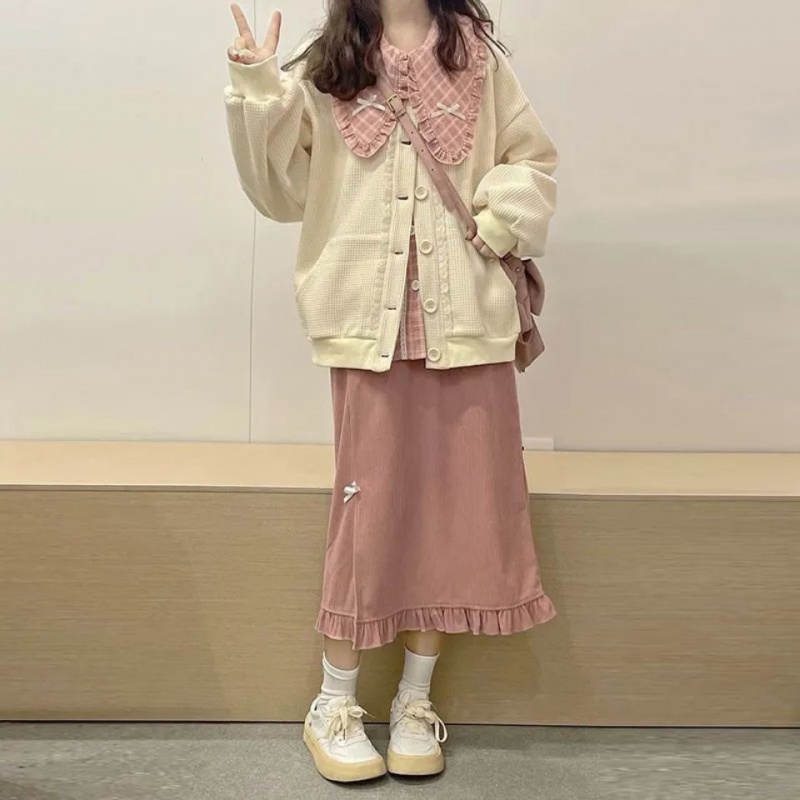 Set Áo Sơ Mi Caro + Chân Váy + Áo Khoác Cardigan Phong Cách Hàn Quốc Cho Nữ
