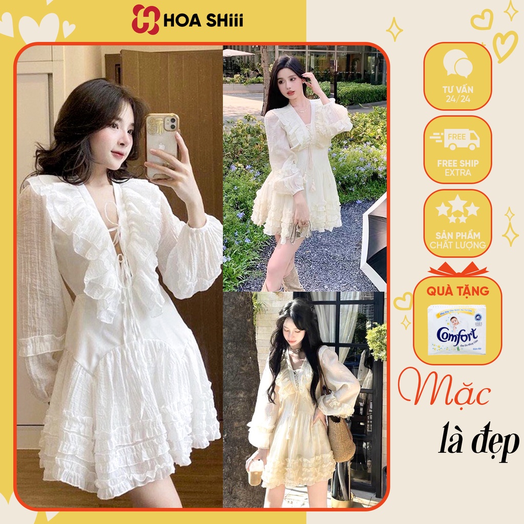 Váy Thiết Kế Tay bồng cổ V đan dây Chât Liệu Mềm Mại Sang Chảnh sẵn hàng kèm video