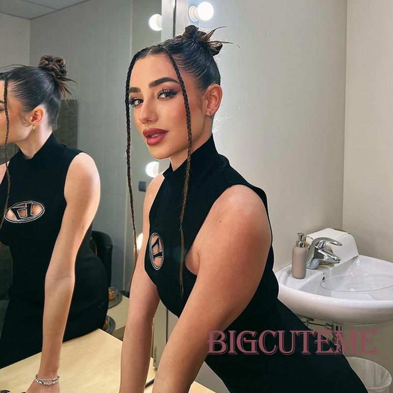 Đầm Ôm Không Tay Cổ Lọ Thêu Chữ Lấp Lánh Thời Trang Mùa Hè Dành Cho Nữ