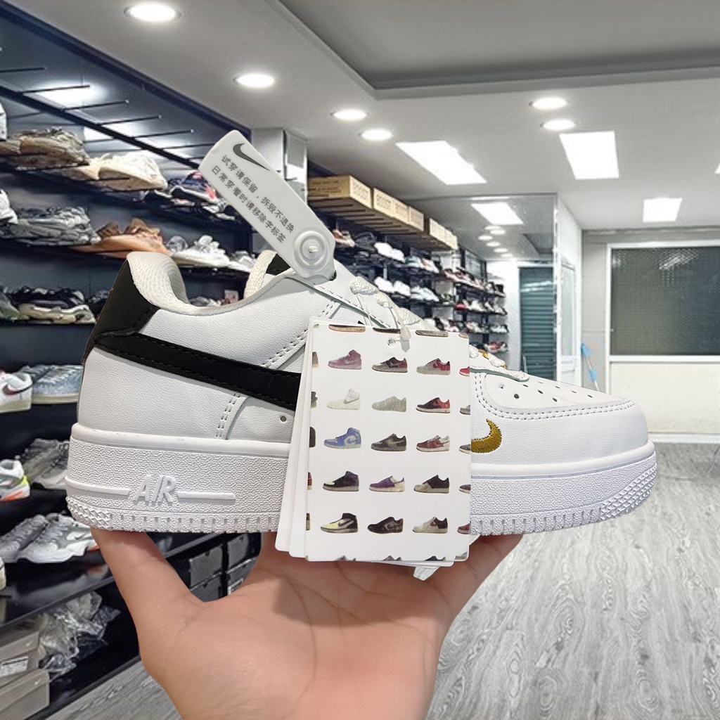 Giày Thể Thao Nam Nữ logo thêu vàng ,Giày_nike Trắng vệt đen Air Force 1 Hàng Đẹp Full Box Bill hót nhất cho nam nữ