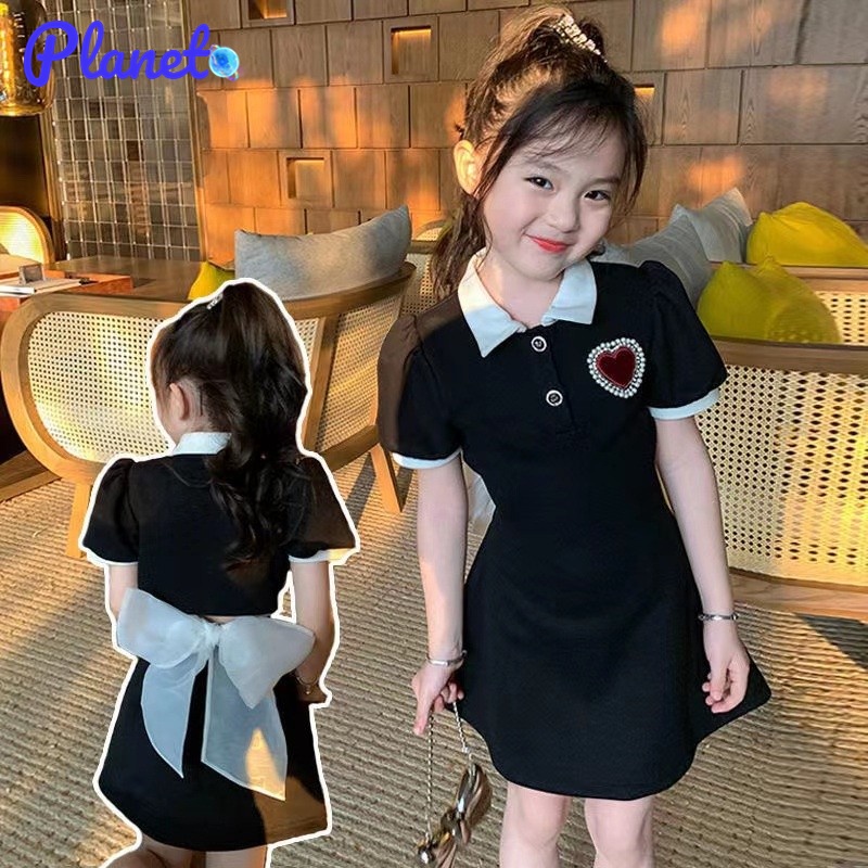 Planet đầm bé gái Váy polo cho bé gái Váy ngắn tay phong cách Hàn Quốc phong cách đại học cho trẻ em chân váy