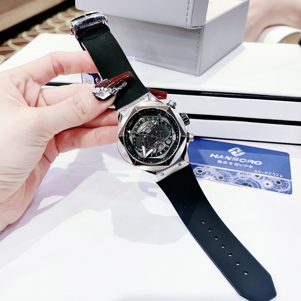 Đồng Hồ Nam Hanboro 998 Tự Động Dây Cao Su Silver 42mm