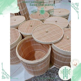 Thùng gạo tròn màu sắc hiện đại, Thng đa năng để bàn -nắp lật tiện dụng chất liệu tre tự nhiên an toàn bảo vệ MT