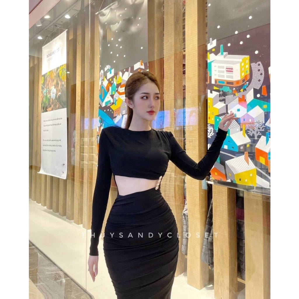 Đầm body nhún khoét eo bụng tay dài siêu xinh chất thun Borip mềm mịn