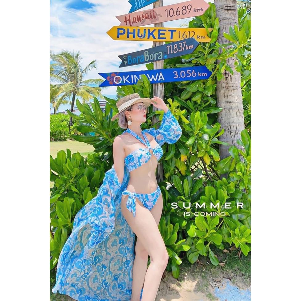 ĐỒ BƠI ĐI BIỂN, SÉT 3 MÓN BIKINI KÈM ÁO CHOÀNG MẪU MỚI HOA XANH SEXY SANG CHẢNH HÀ_BIKINI M71