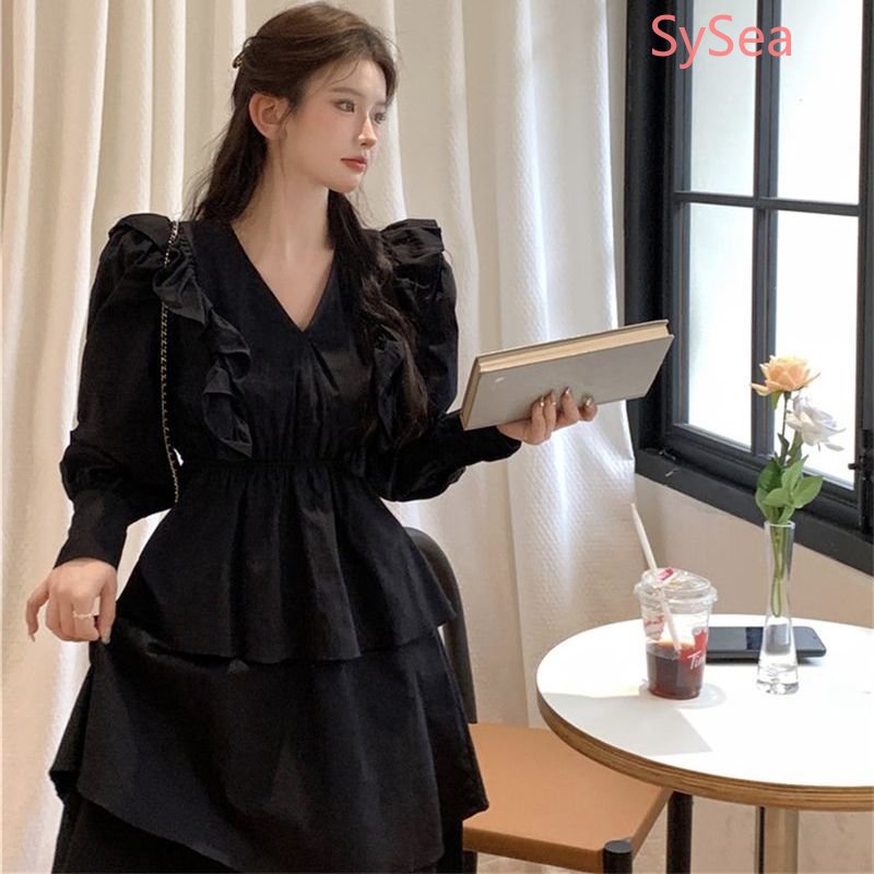 Đầm Tay Dài Cổ Chữ V Phối Bèo Phong Cách Pháp