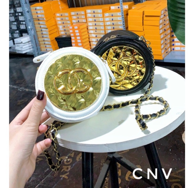 Túi xách tròn,Túi xách nữ hộp tròn mặt vàng Sang Trọng