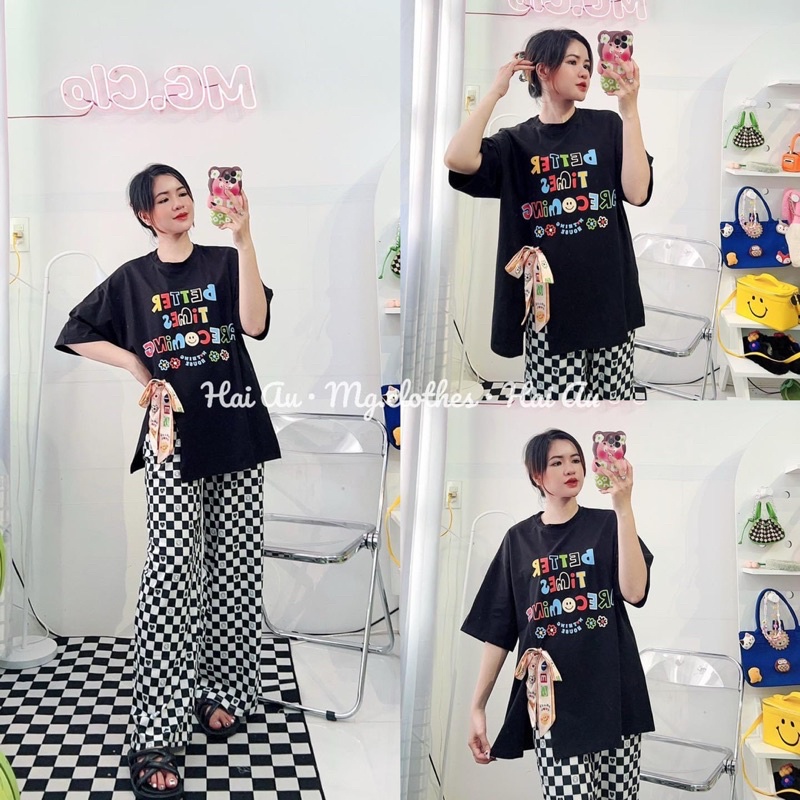 [ 𝐅𝐑𝐄𝐄 𝐒𝐇𝐈𝐏 ] Set áo phông mặt cười nơ cài mix quần suông caro hot hit Áo cotton tàu mềm đẹp, xẻ hông chuẩn mẫu