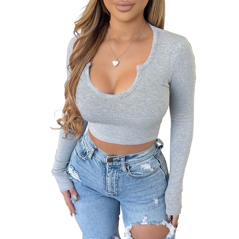 Áo Croptop Tay Dài Cổ Chữ U Khoét Sâu Quyến Rũ Thời Trang Cho Nữ