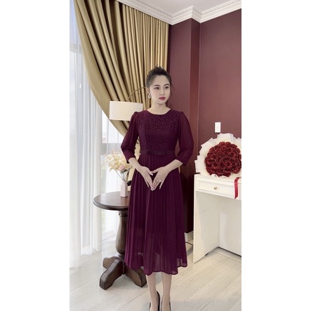 Đầm trung niên quý bà bigsize dáng xoè dài phối ren dập ly nơ eo thanh lịch trang nhã tinh tế sang trọng