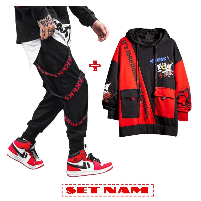 Bộ Đồ Nam Chất Thun Áo Hoodies Túi Hộp BF.BORFEND Kết Hợp Quần Jogger Phối Dây Chữ Trẻ Trung sozo SET NAM 9000088