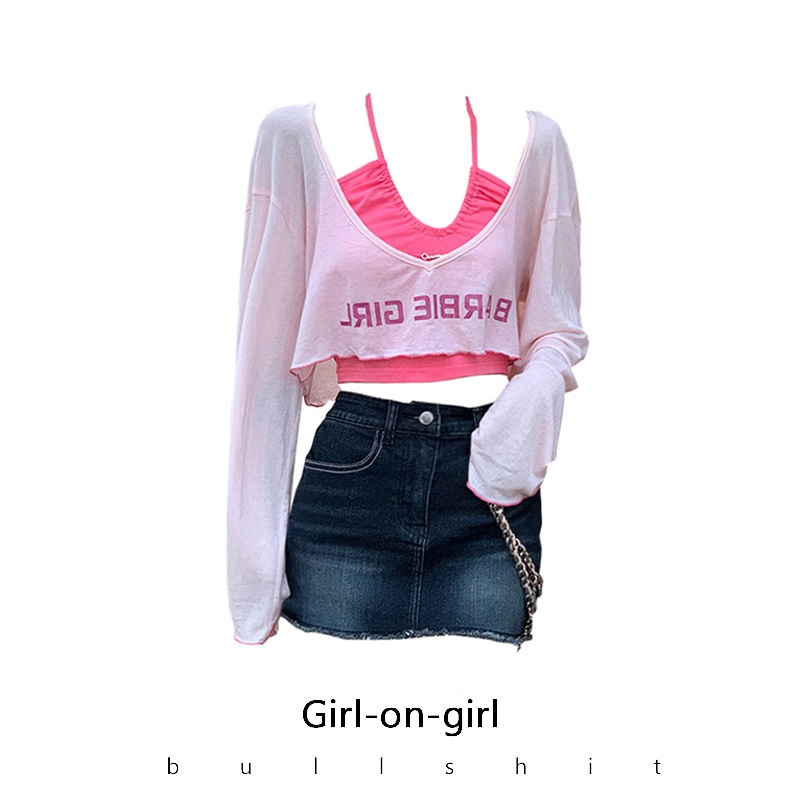 Áo croptop nữ BARBIE GIRL màu hồng và trắng ,Áo dài tay phong cách Đường Phố | BigBuy360 - bigbuy360.vn