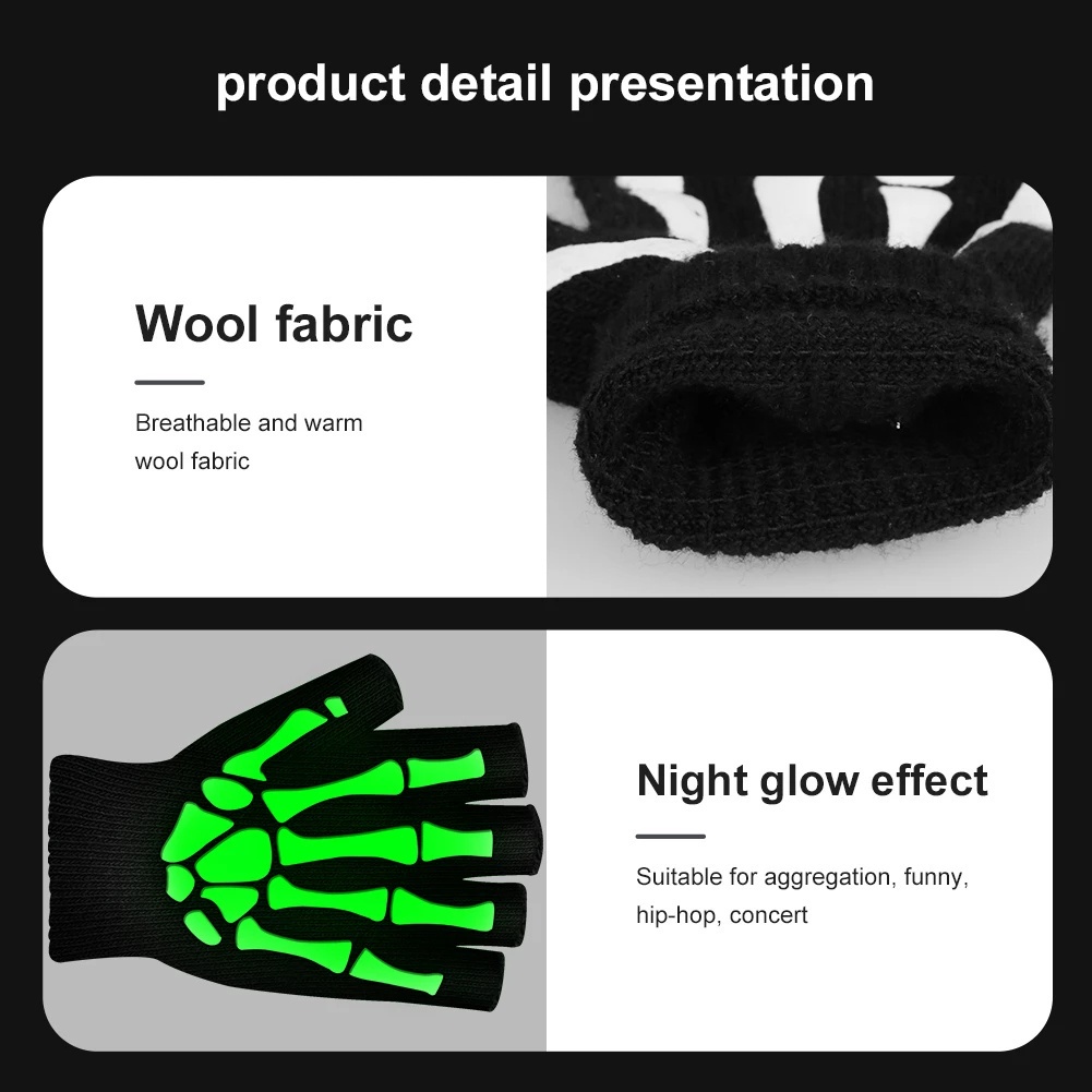 [Bán Chạy] Găng Tay Dệt Kim Hở Ngón Giữ Ấm / Đạo Cụ Hóa Trang Ngày Halloween Hình Đầu Lâu Dạ Quang Cho Nam Và Nữ