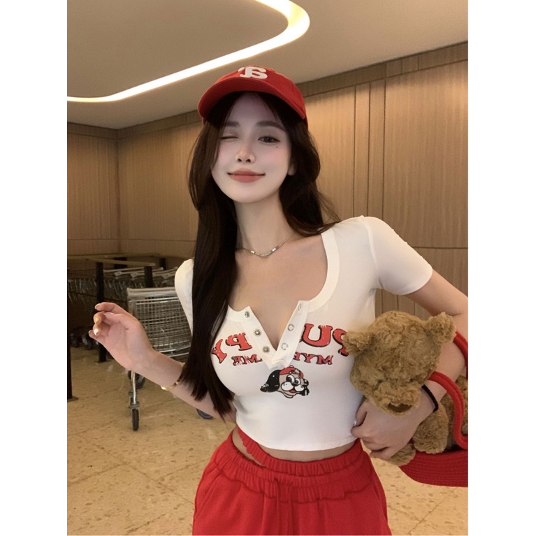 Áo Thun Ngắn Tay Cổ Chữ V In Họa Tiết Thời Trang Mùa Hè Cho Nữ