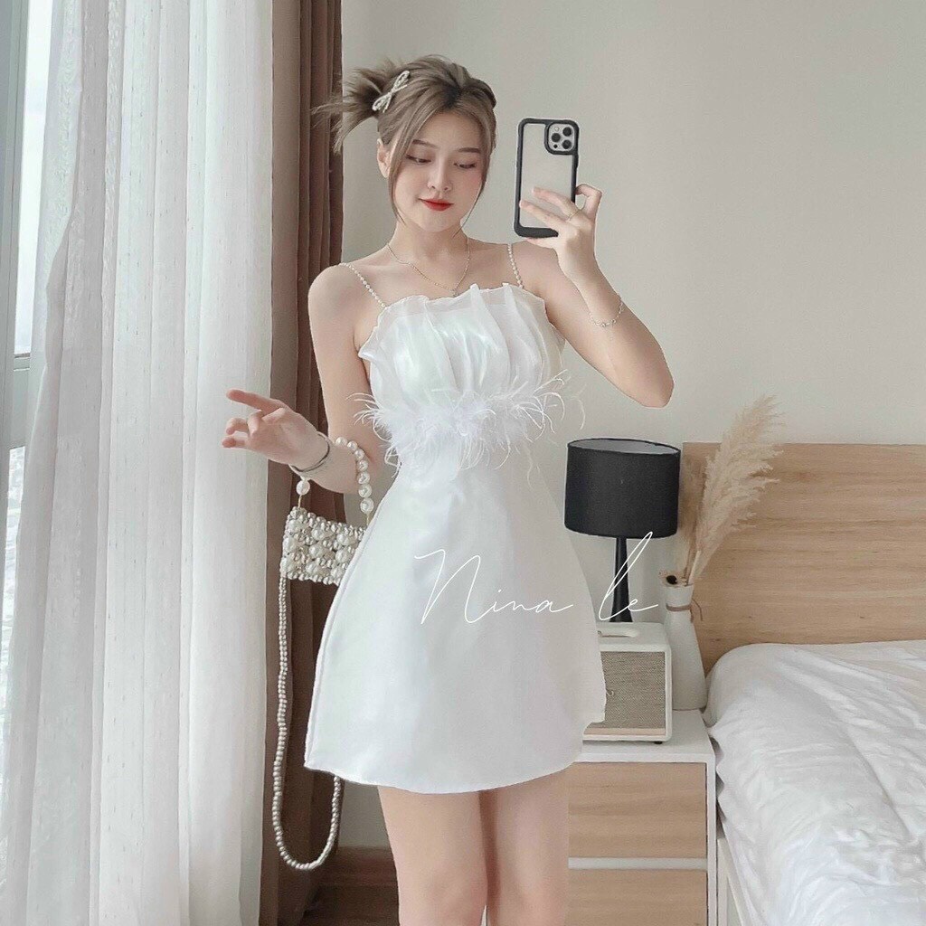 Đầm ống trên phối kiểu đính lông dáng chữ A cực hot , chất tafta mềm mát