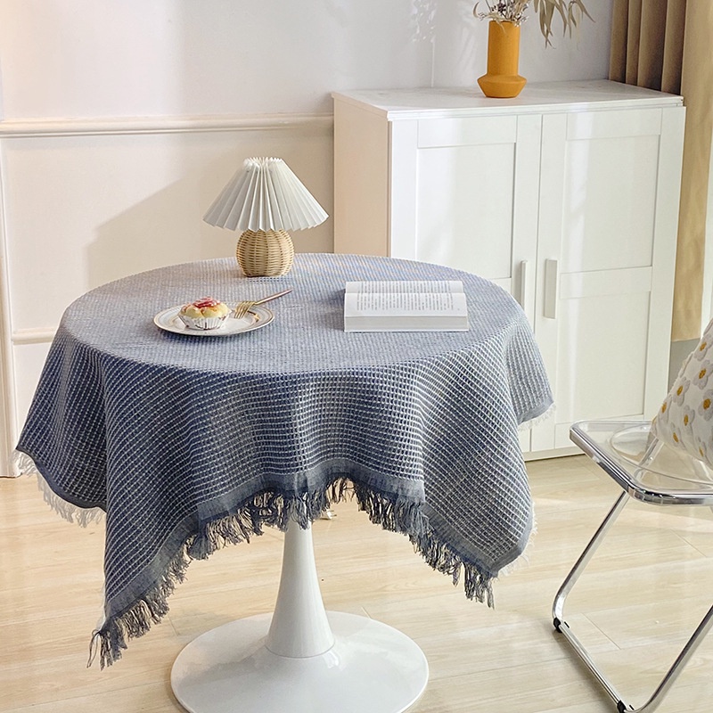 Khăn Trải Bàn Tròn Bằng Cotton Lanh Nhẹ Phối Tua Rua Kiểu Nhật Hàn Sang Trọng Trang Trí Nhà Cửa