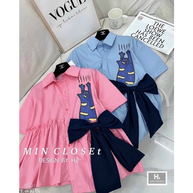 Set Bộ Đùi Đũi Áo  Hình  Mèo Babidoll Xẻ Tà Đính Nơ Kèm Quần Short