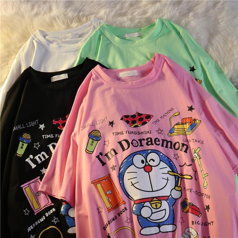 Áo Thun Nữ Cổ Tròn Ngắn Tay In Hình Doraemon
