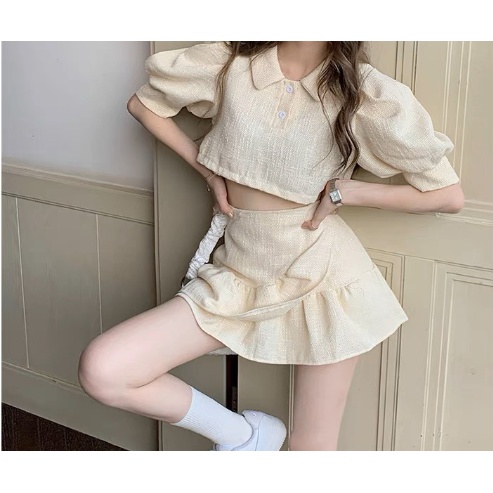 Set váy áo croptop cổ sơ mi tay bồng tay bo chun mix chân váy xòe tiểu thư