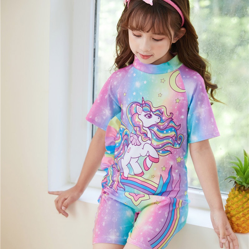 Bộ đồ bơi liền thân IQ ANGEL tay ngắn họa tiết hoạt hình dễ thương cho bé gái