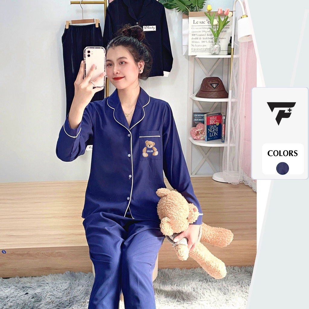 Bộ Pijama mặc ngủ mặc nhà P35 tay dài quần dài vải kate lụa in hình gấu FPLUS.PJM