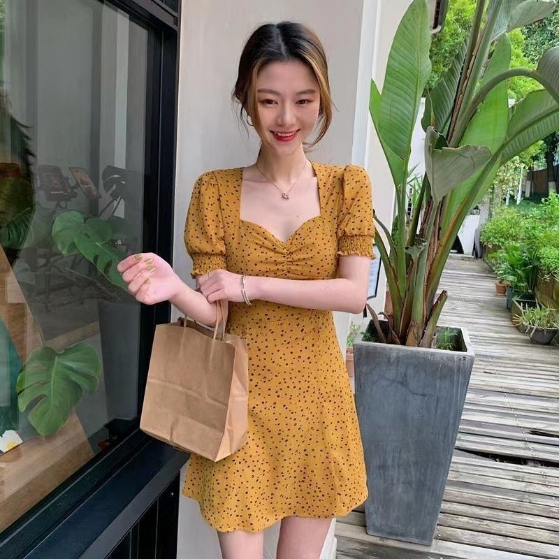 ZHELIHANGFEI Đầm Hoa Tay Phồng Cổ Vuông Nhấn Eo Xinh Xắn Thời Trang Cho Nữ