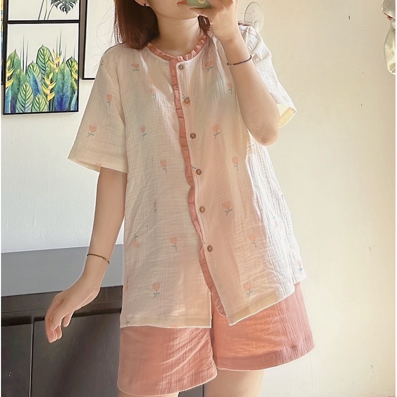 Bộ cổ bèo phối muslin cao cấp