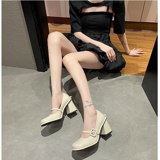 Giày nữ giày mary jane giày lolita Giày Cao Gót Mũi Vuông Chất Liệu Da Thiết Kế Đơn Giản Thời Trang Cho Nữ dép xăng đan nữ