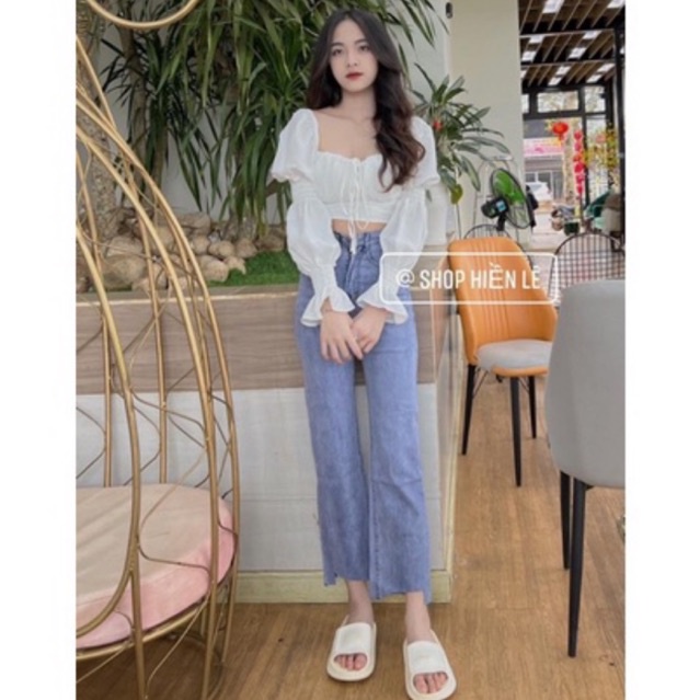 Set Baggy jeans ống suông rách gấu +áo kiểu tay túm