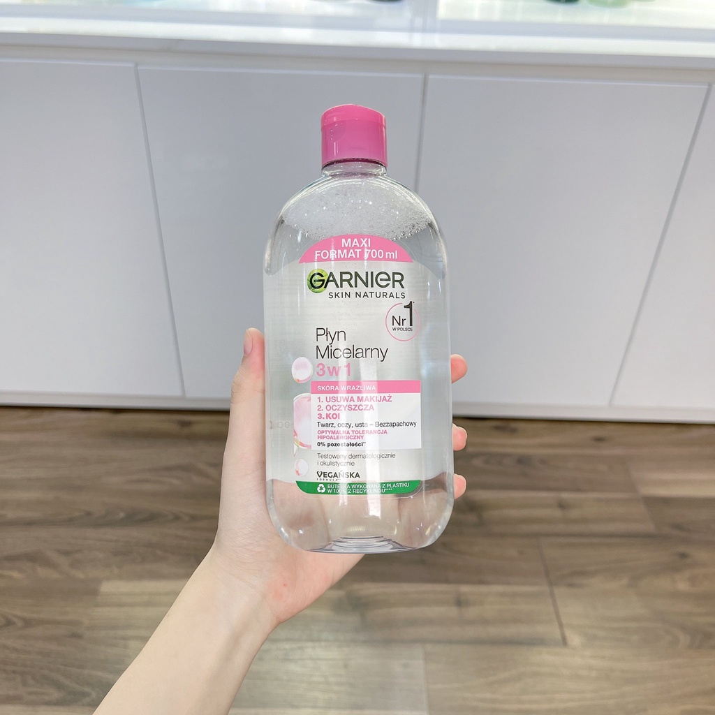 Nước tẩy trang Garnier hồng 700ml, nước tẩy trang da nhảy cảm, nước tẩy trang sạch sâu Micellar Cleansing Water